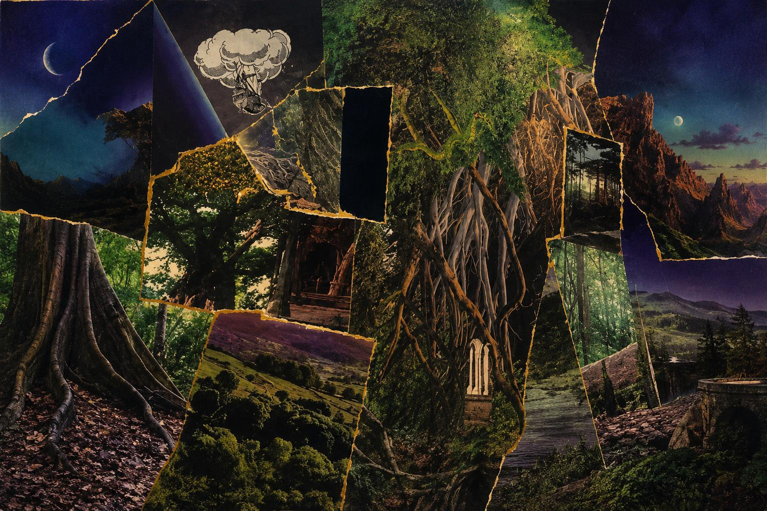 A torn collage of landscapes and eras — ancient tree-roots, a Gothic ruin, green hills, a mountain range at dusk, a crescent moon, a mushroom-cloud engraving — all cut apart and rejoined with glowing bronze seams.